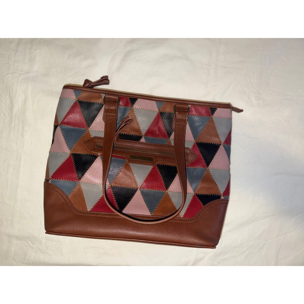 Designer‎ Patchwork Tote Bag Geometric Triangles Faux Leather  Zip Closure